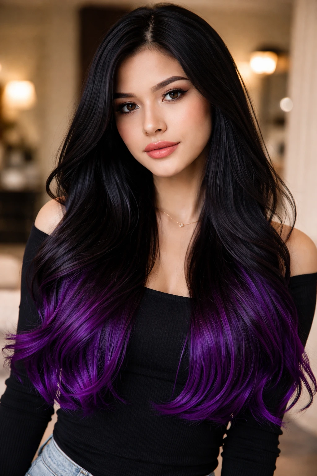Close-up of long black hair with royal purple dip-dyed ends