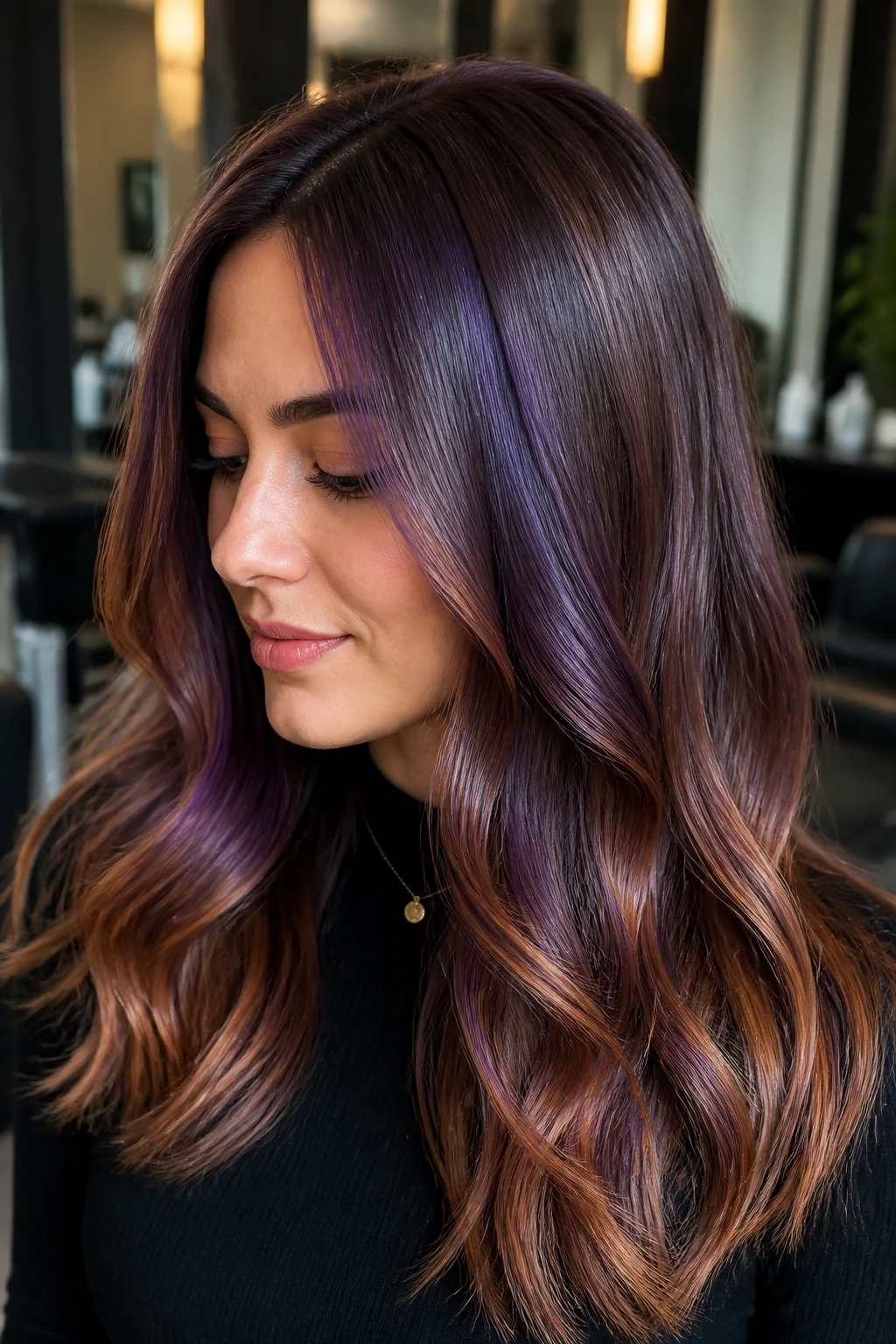 Close-up of caramel brown hair ends with purple gloss shine