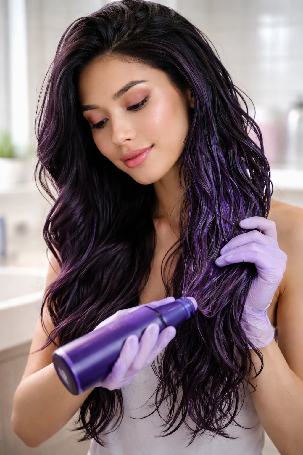 Portrait of a person with purple hair applying conditioner in a bathroom