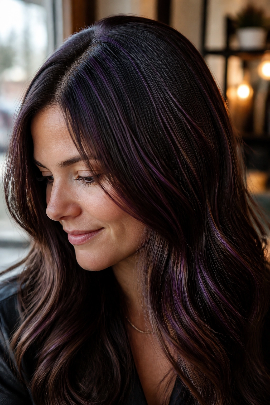 Close-up of dark brown hair with fine purple babylights near the crown on a real woman