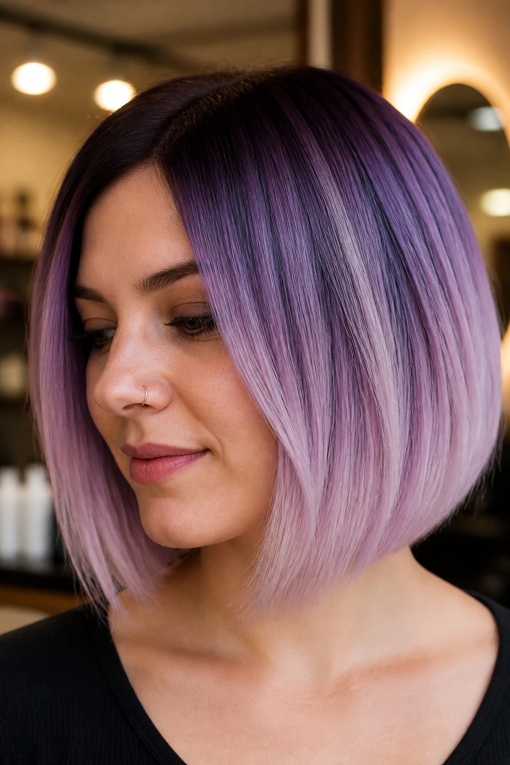 Real person with purple melt bob showing dark roots and pale ends
