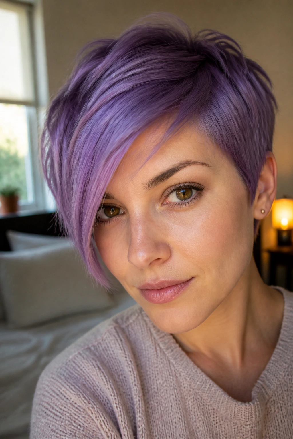 Close-up portrait of a real person with purple pixie and asymmetrical fringe