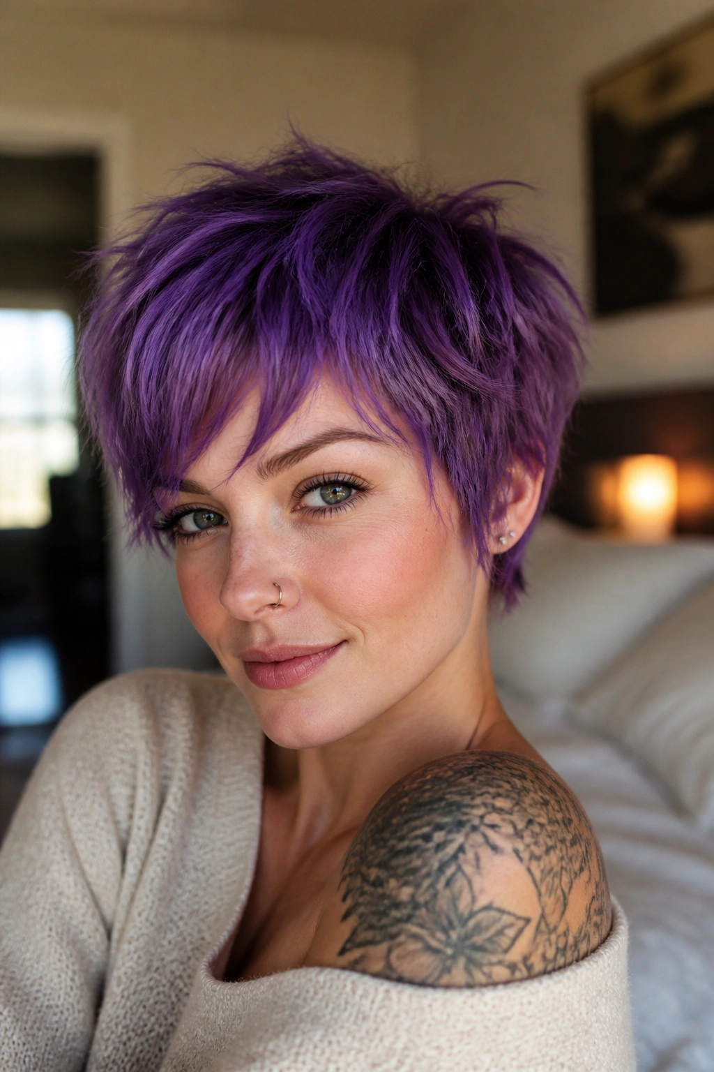 Close-up portrait of real person with shaggy purple pixie and choppy ends, crown layers and forehead sweep