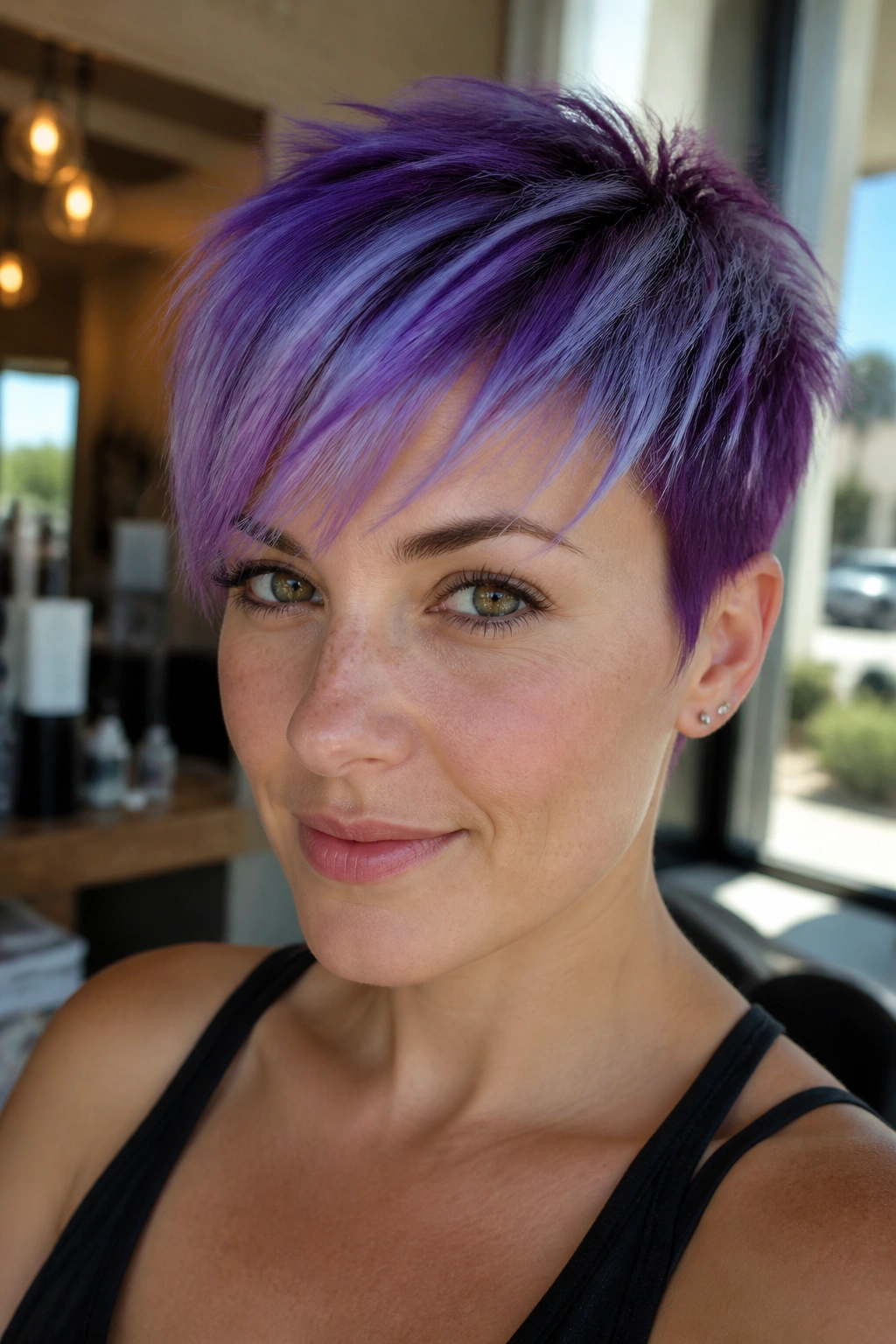 Close-up of a real woman with a multi-tone purple prism pixie showing height at the crown and textured sides.