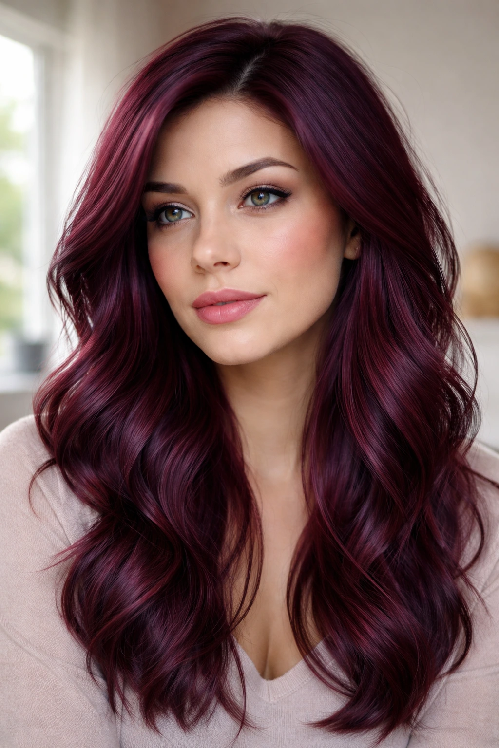 Close-up portrait of a real woman with purple-red hair in natural window light