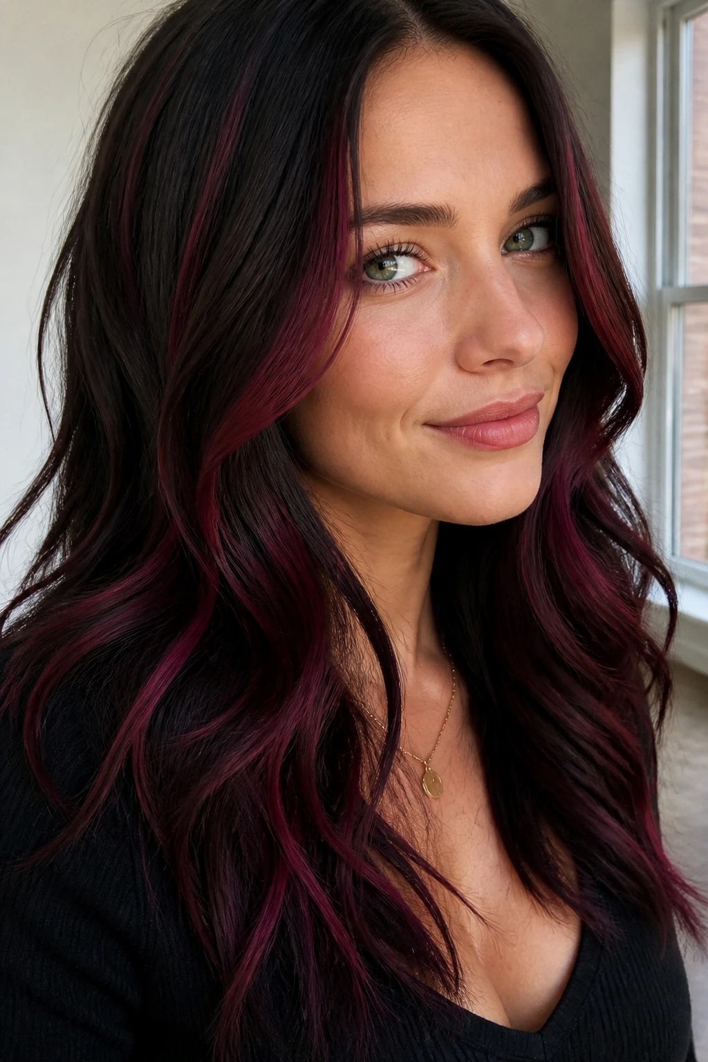 Real person with purple-red ribbon lights in hair under natural light
