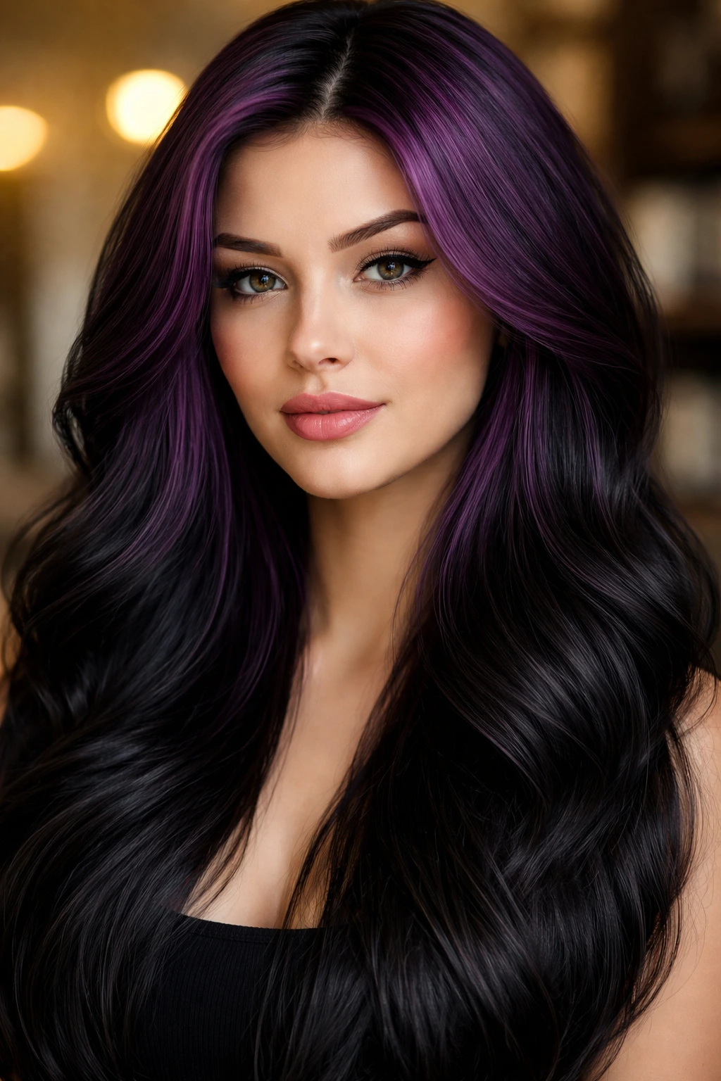 Close-up portrait of a real person with blackberry-purple roots fading to black ends