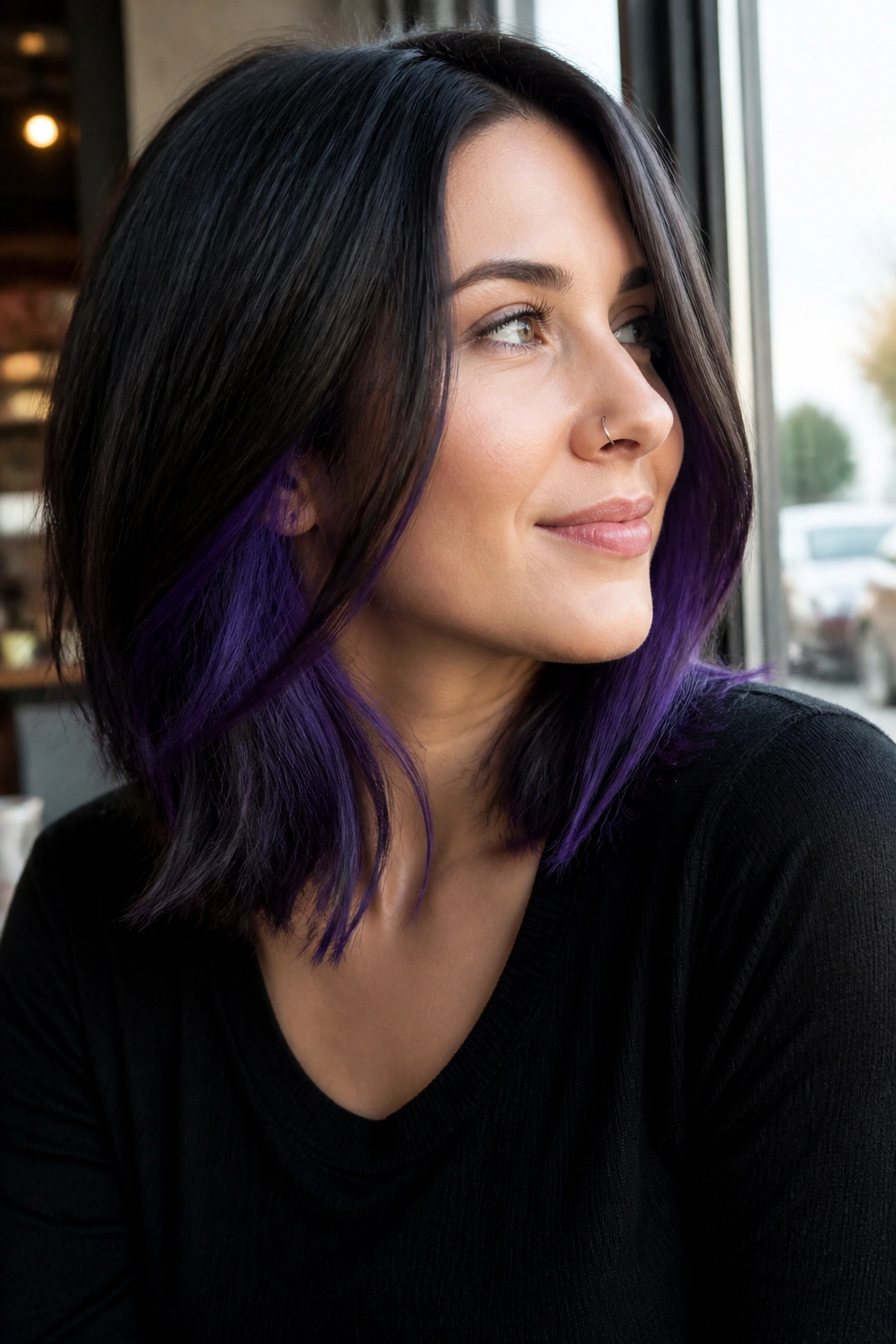 Portrait of a person with purple underlayers peeking from beneath the top layer on a lob