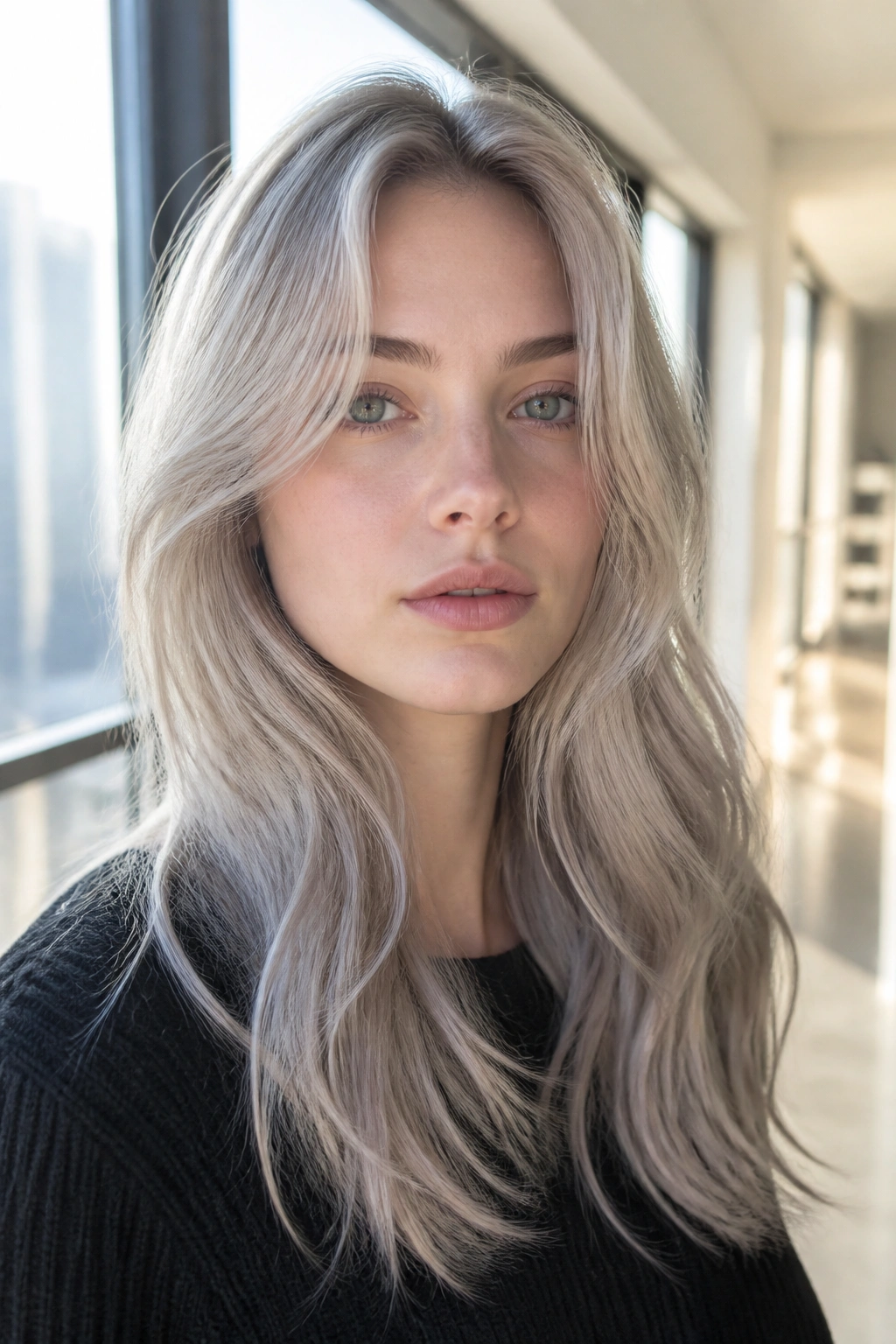 Close-up portrait of real woman with quartz blonde hair