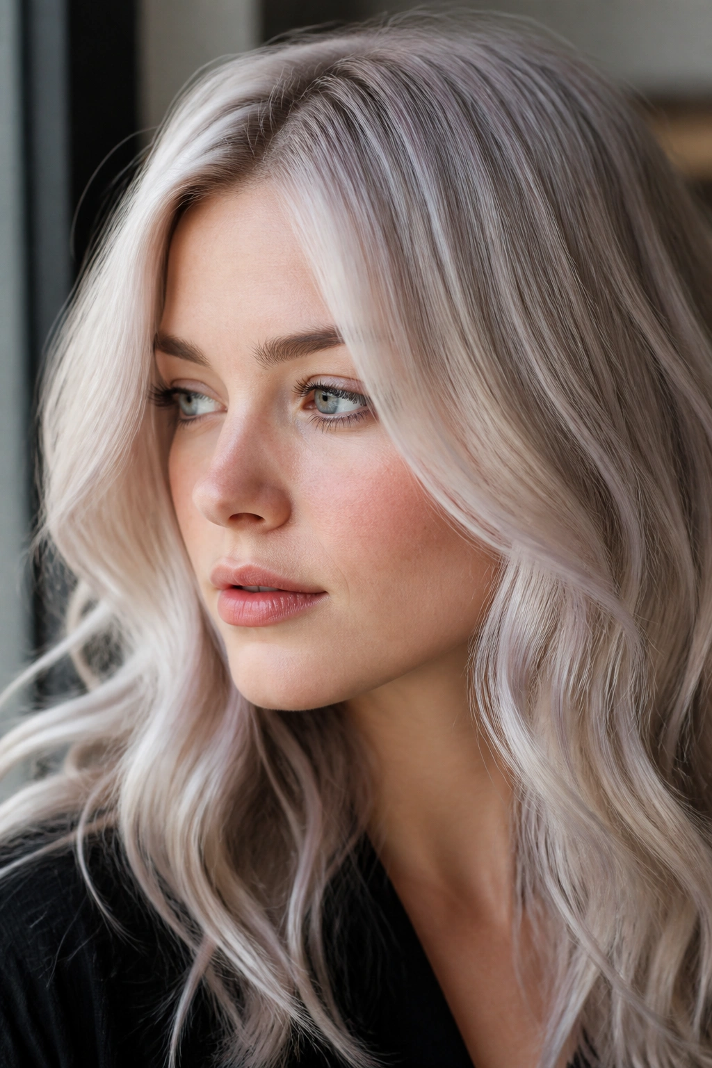 Close-up portrait of a woman with quartz pearl blonde hair under soft natural light