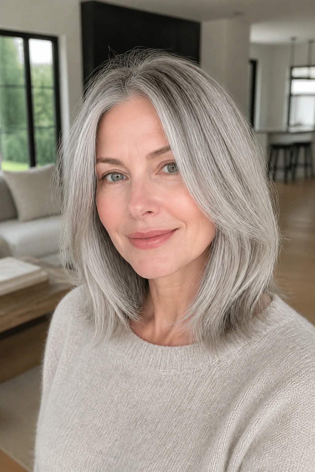 Close-up portrait of a real person with quartz silver midi hair showing ribbons and soft layers.