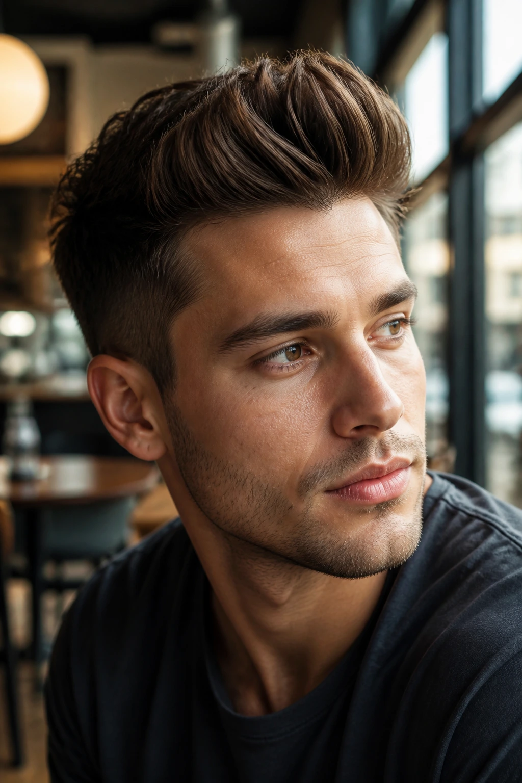 Close-up portrait of a man with textured quiff in modern cafe interior