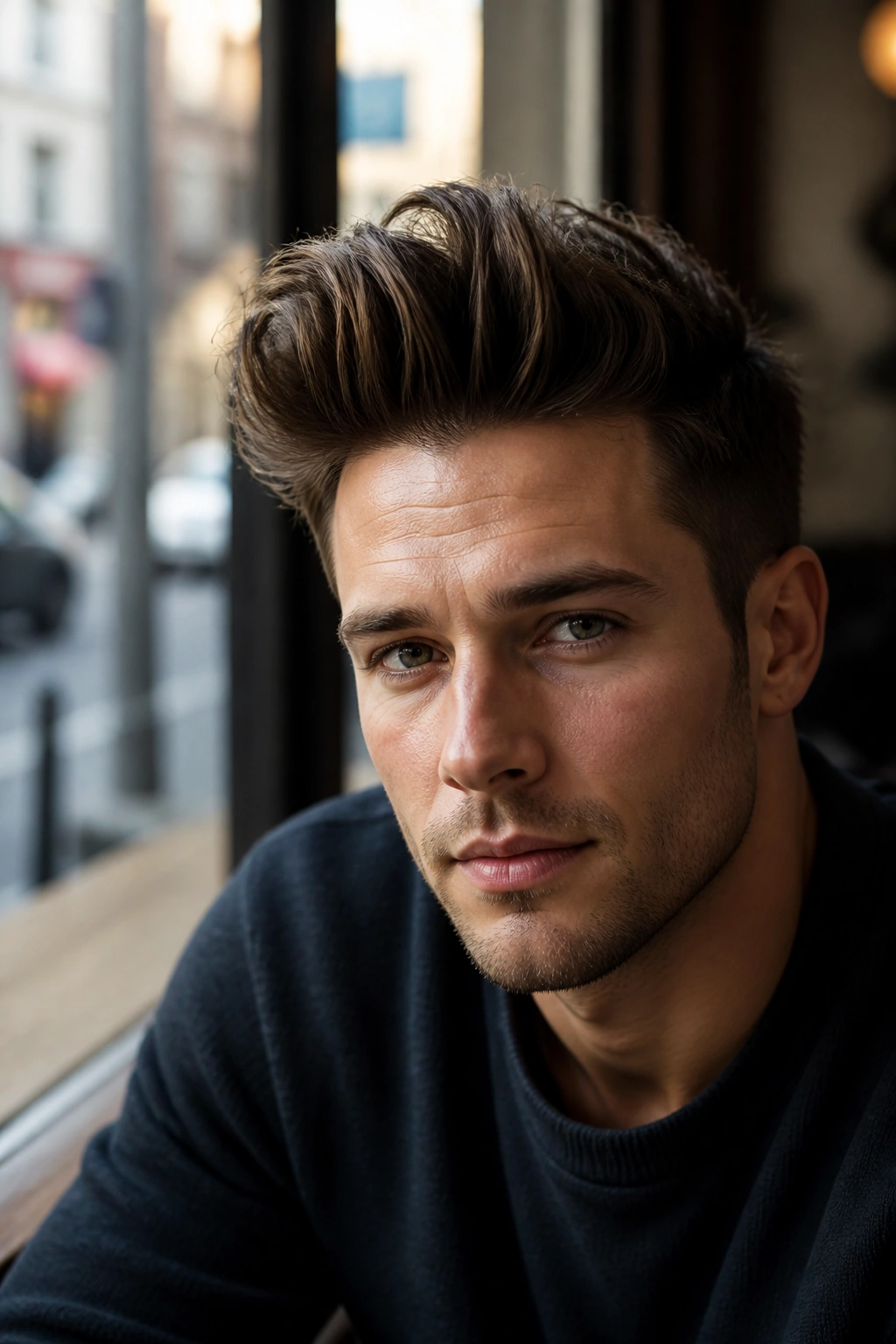 Close-up portrait of a man with a tall quiff in a cafe setting