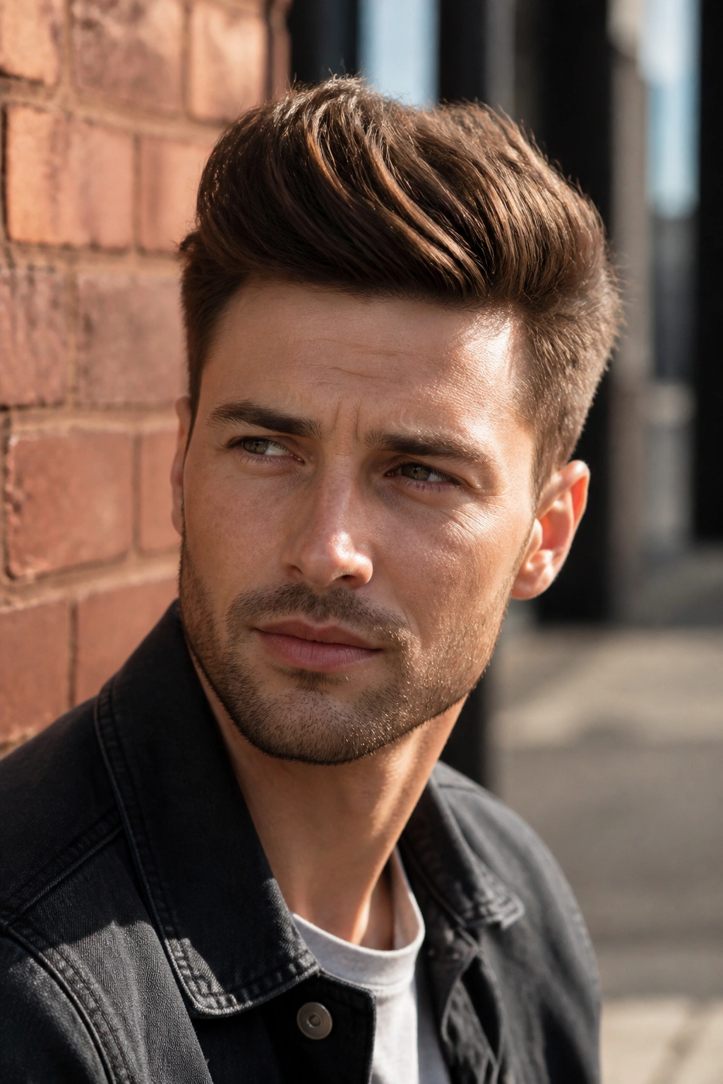 Portrait of a man with a quiff hairstyle on an urban street
