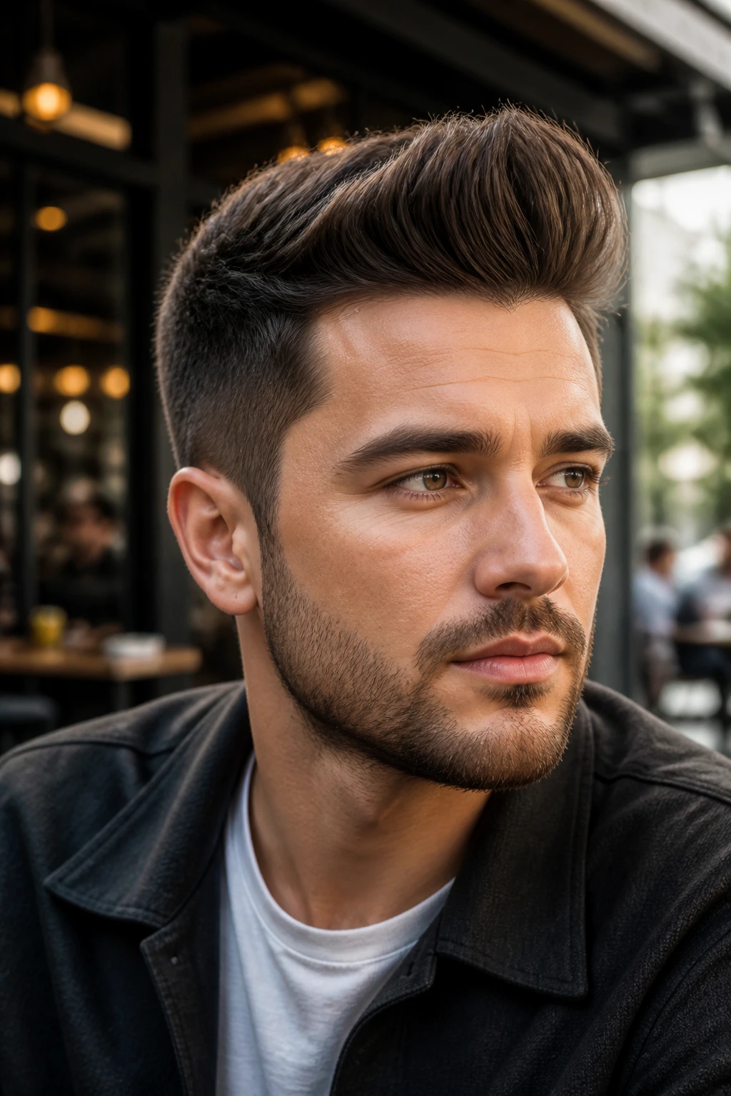 Close-up portrait of a man with a quiff hairstyle
