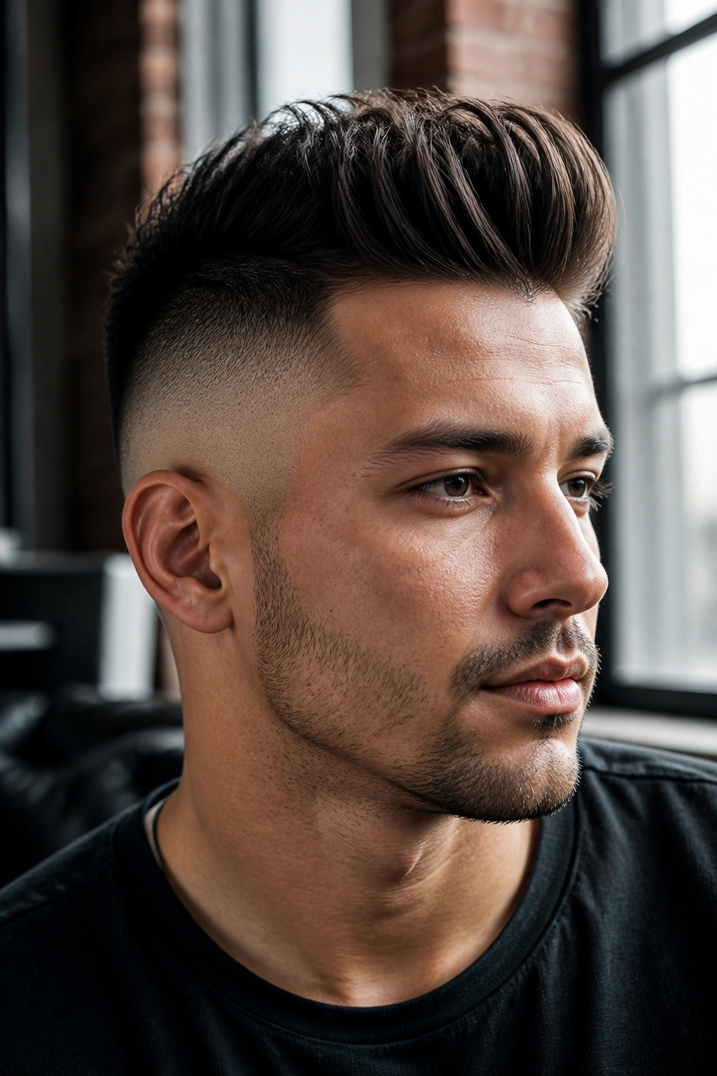 Close-up portrait of a man with a quiff and skin fade in an urban loft