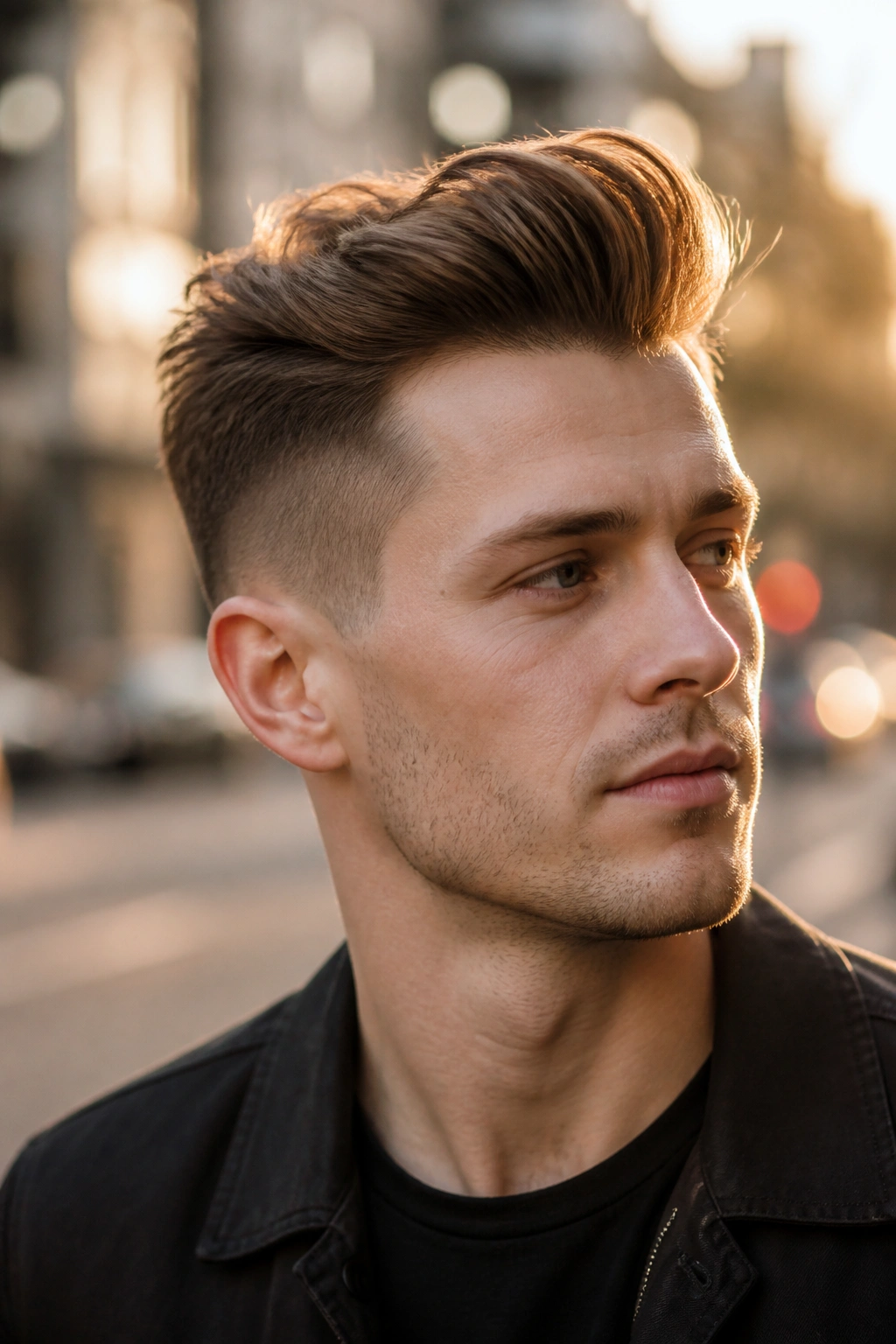 Close-up portrait of a man with a quiff undercut showing lifted front hair