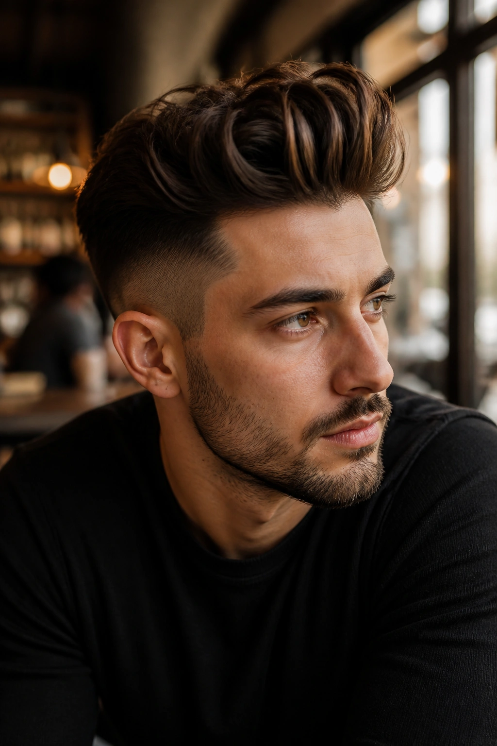 Portrait of a real person with a quiff undercut in a cafe setting.