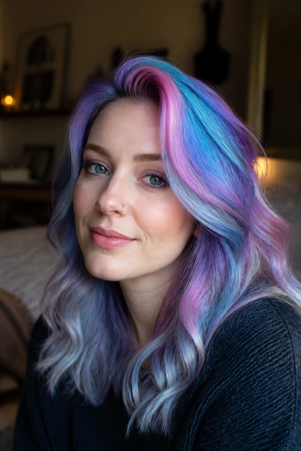 Close-up portrait of a real person with cool-tone rainbow hair in a cozy indoor setting.