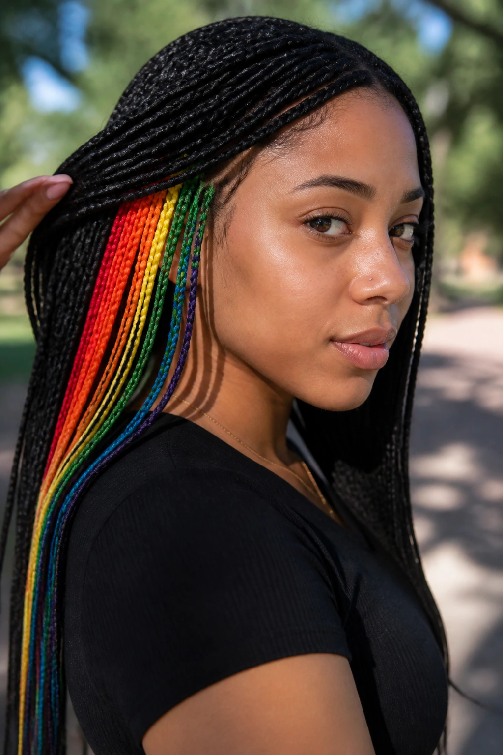 Close-up of a real person with rainbow peekaboo braids peeking from under top layers.