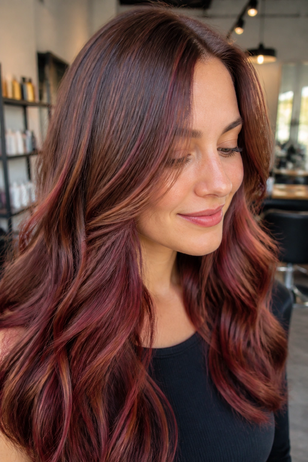Close-up portrait of a real woman with raspberry auburn balayage highlighting around the face.
