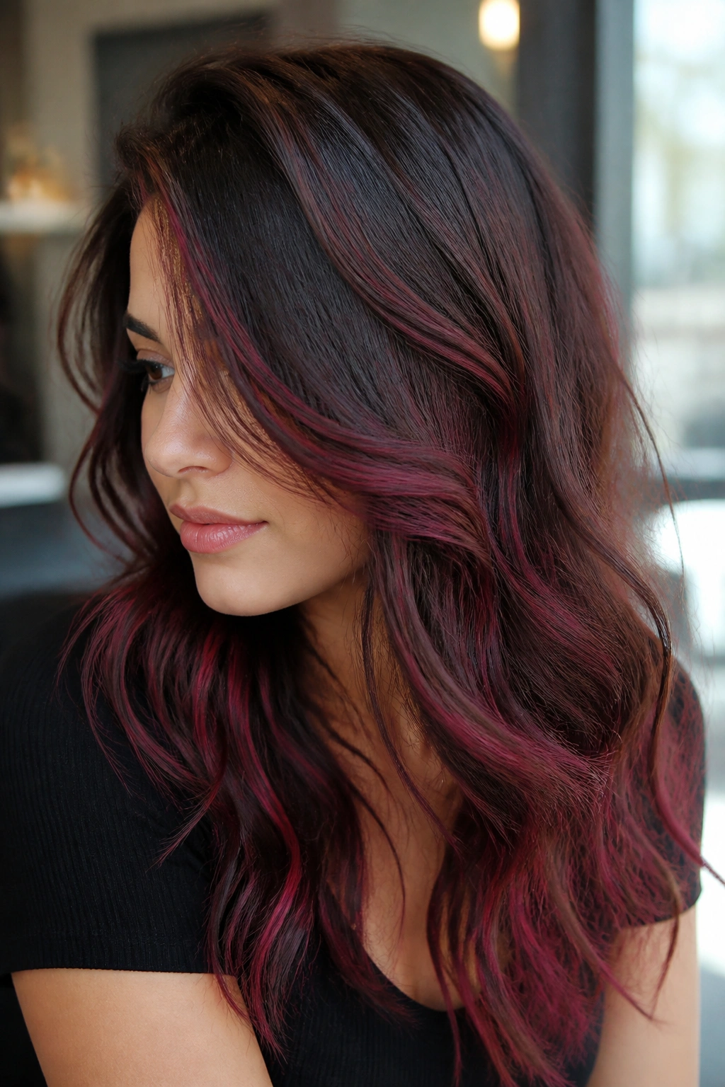 Close-up portrait of a real woman with chocolate brown hair featuring raspberry ribbons woven through the balayage