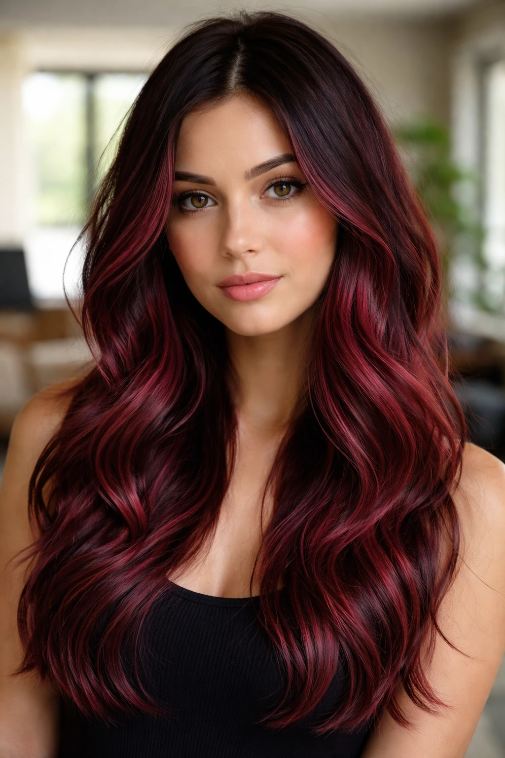Close-up of a person with espresso-brown hair and raspberry balayage.