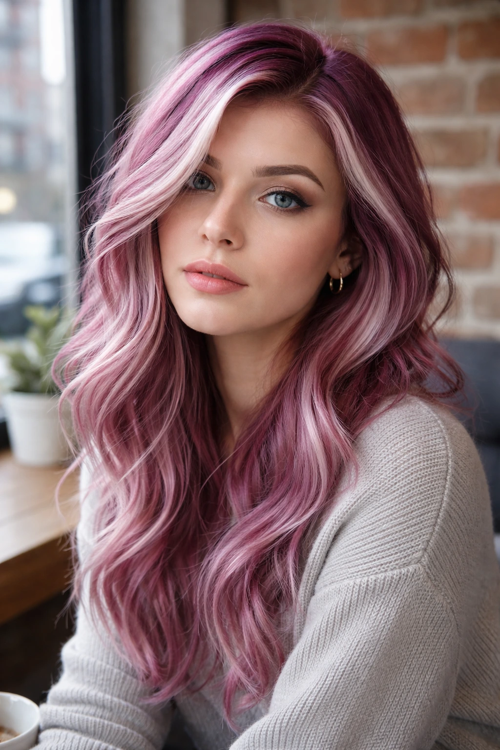 Portrait of a woman with icy raspberry blonde and platinum highlights