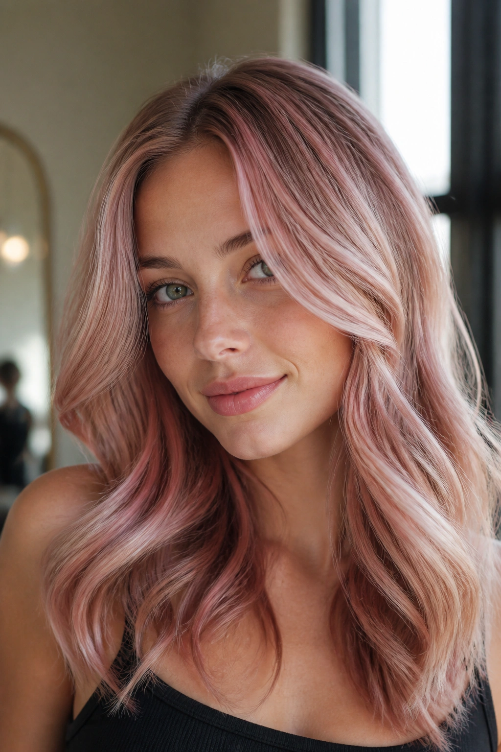 Close-up portrait of a woman with raspberry blondette hair
