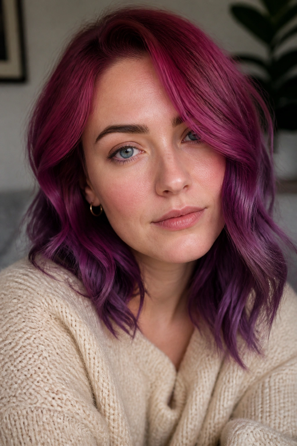 Close-up of a person with raspberry-blue violet hair against a cozy indoor backdrop