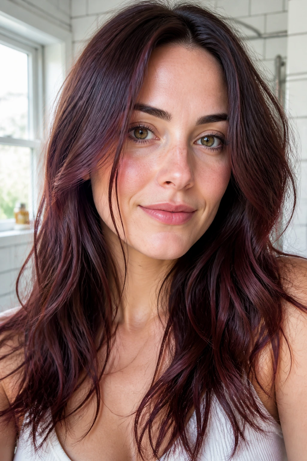 Close-up of a real woman with raspberry brown glaze hair, glossy berry tones.