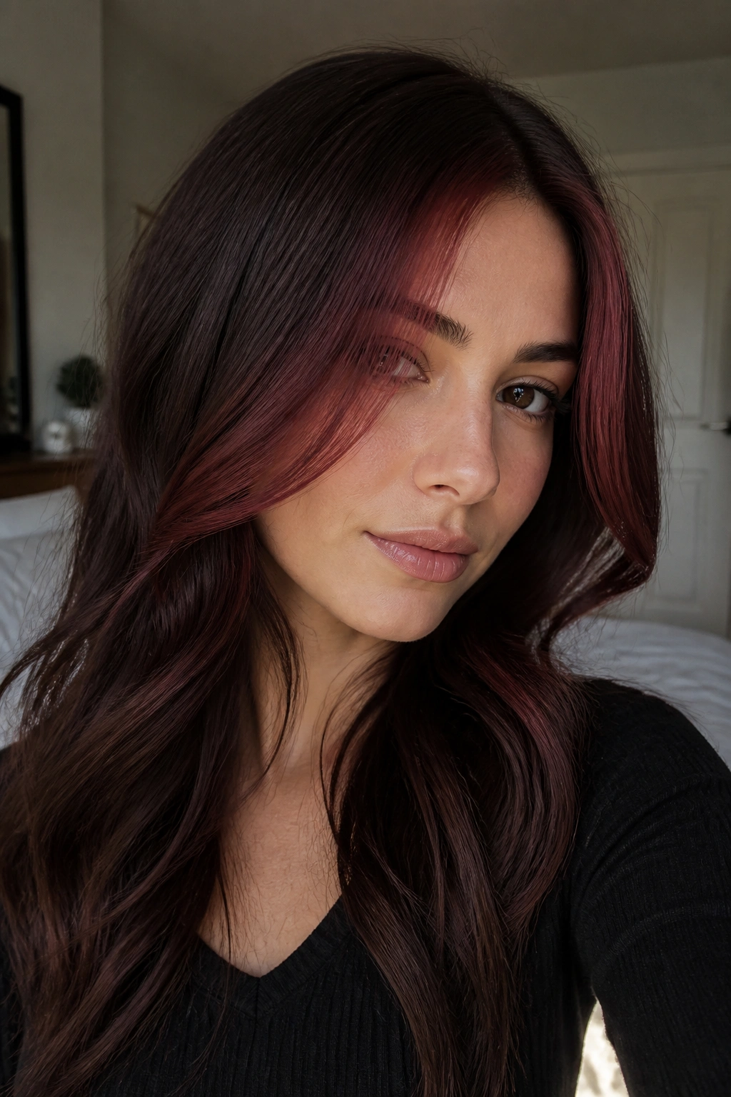 Close-up portrait of a woman with raspberry brown money-piece highlights framing her face against brunette hair