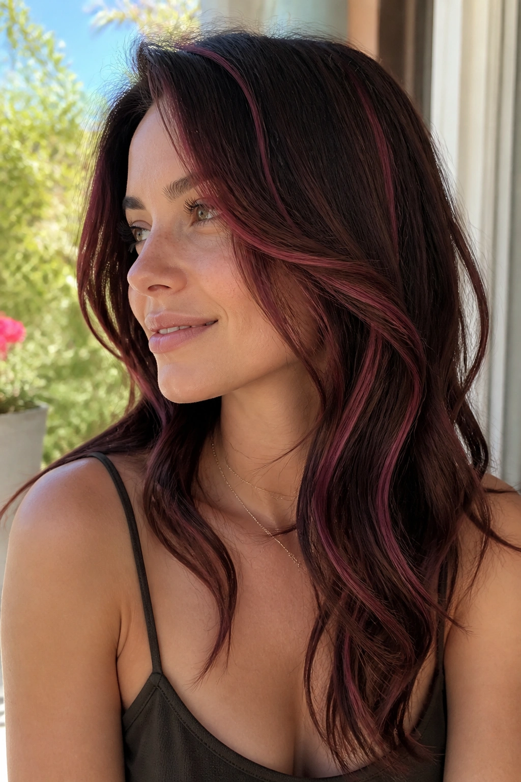 Close-up of a real woman with raspberry ribbons woven in brunette hair
