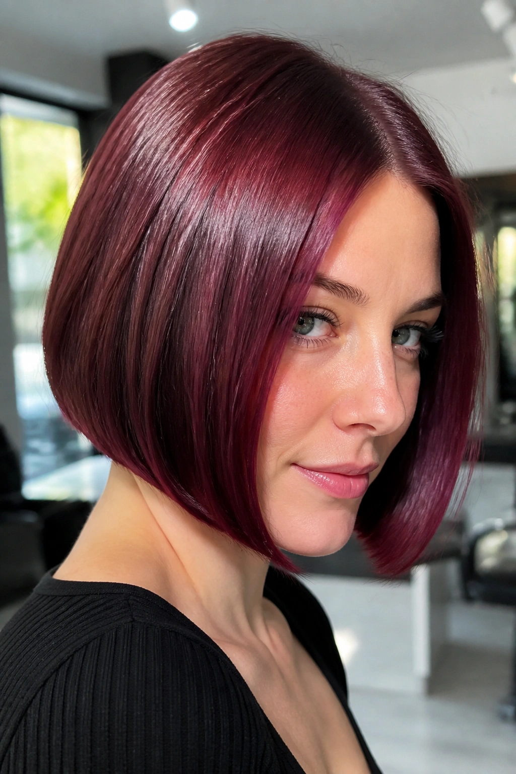 Close-up of a real woman with a glossy raspberry burgundy bob, high shine and cool-toned skin.