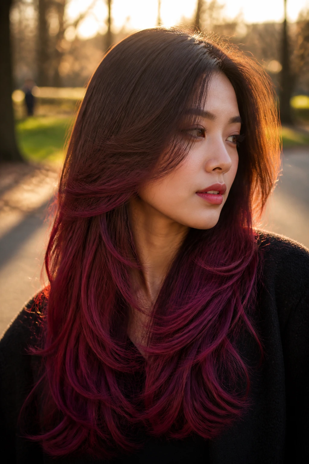 Close-up of a real woman's hair with raspberry burgundy feather fade in golden hour light