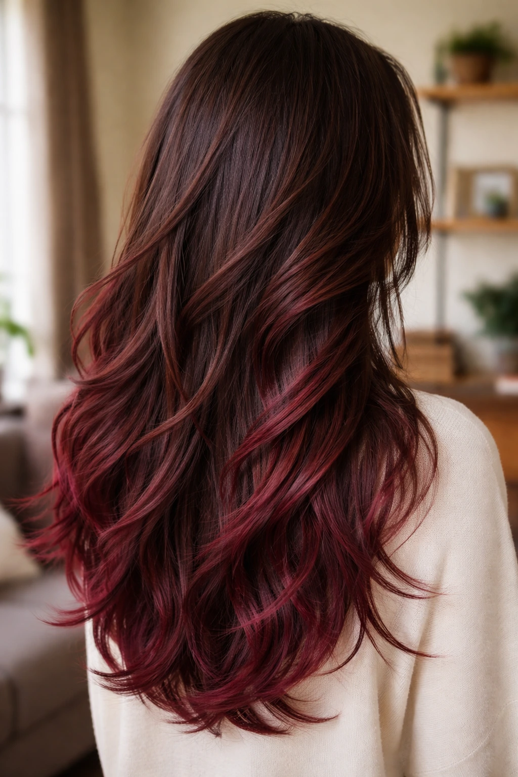 Close-up of a real person with raspberry-burgundy tips on long layered hair