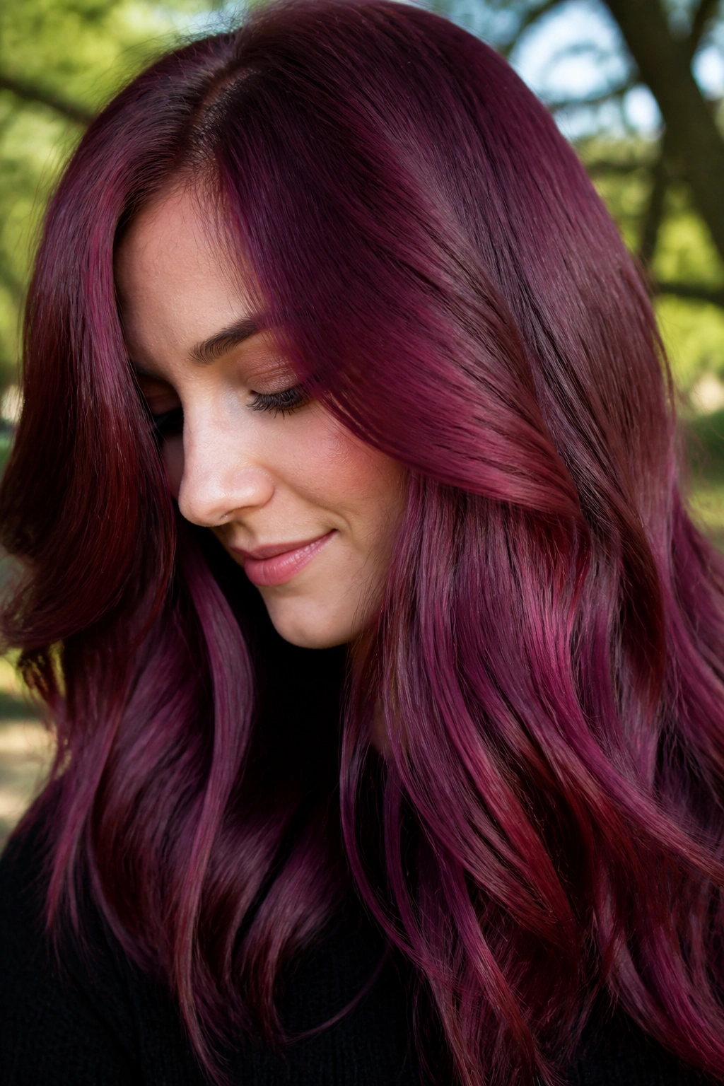 Close-up of a real person with raspberry cabernet hair outdoors in daylight.