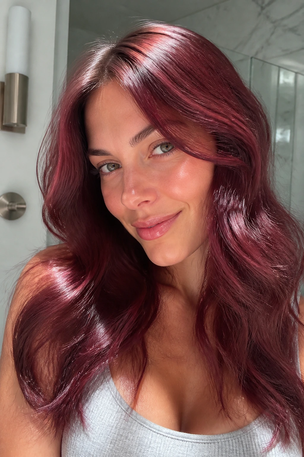 Close-up portrait of a woman with raspberry cherry gloss on light brunette hair.