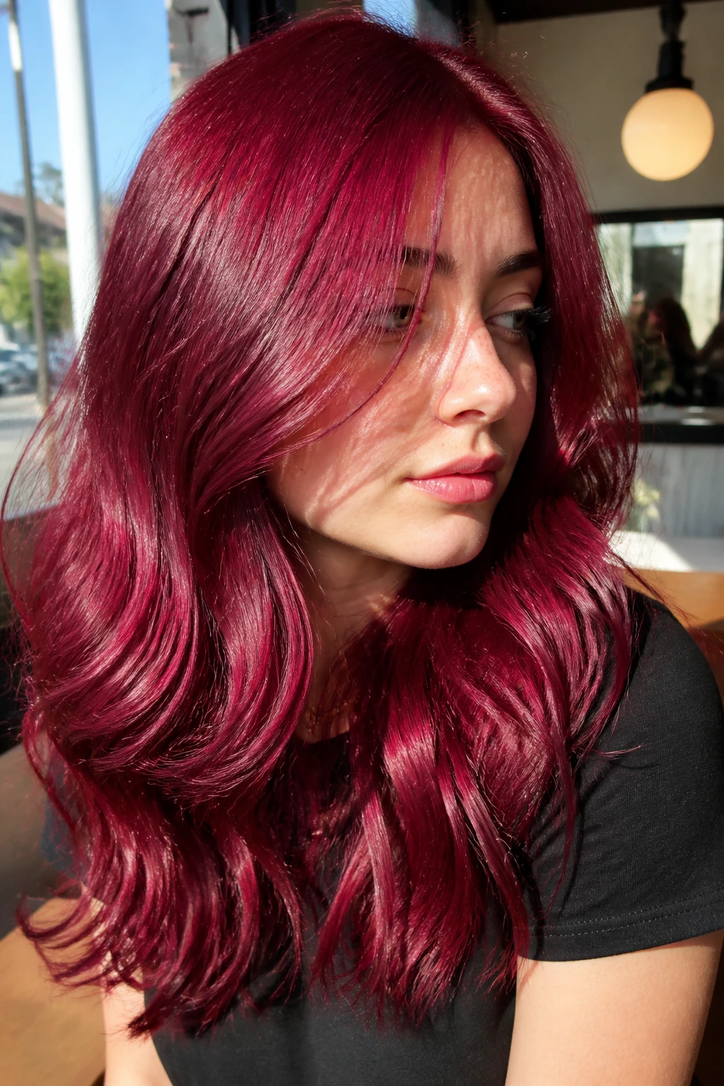 Close-up of raspberry cherry gloss hair in sunlight