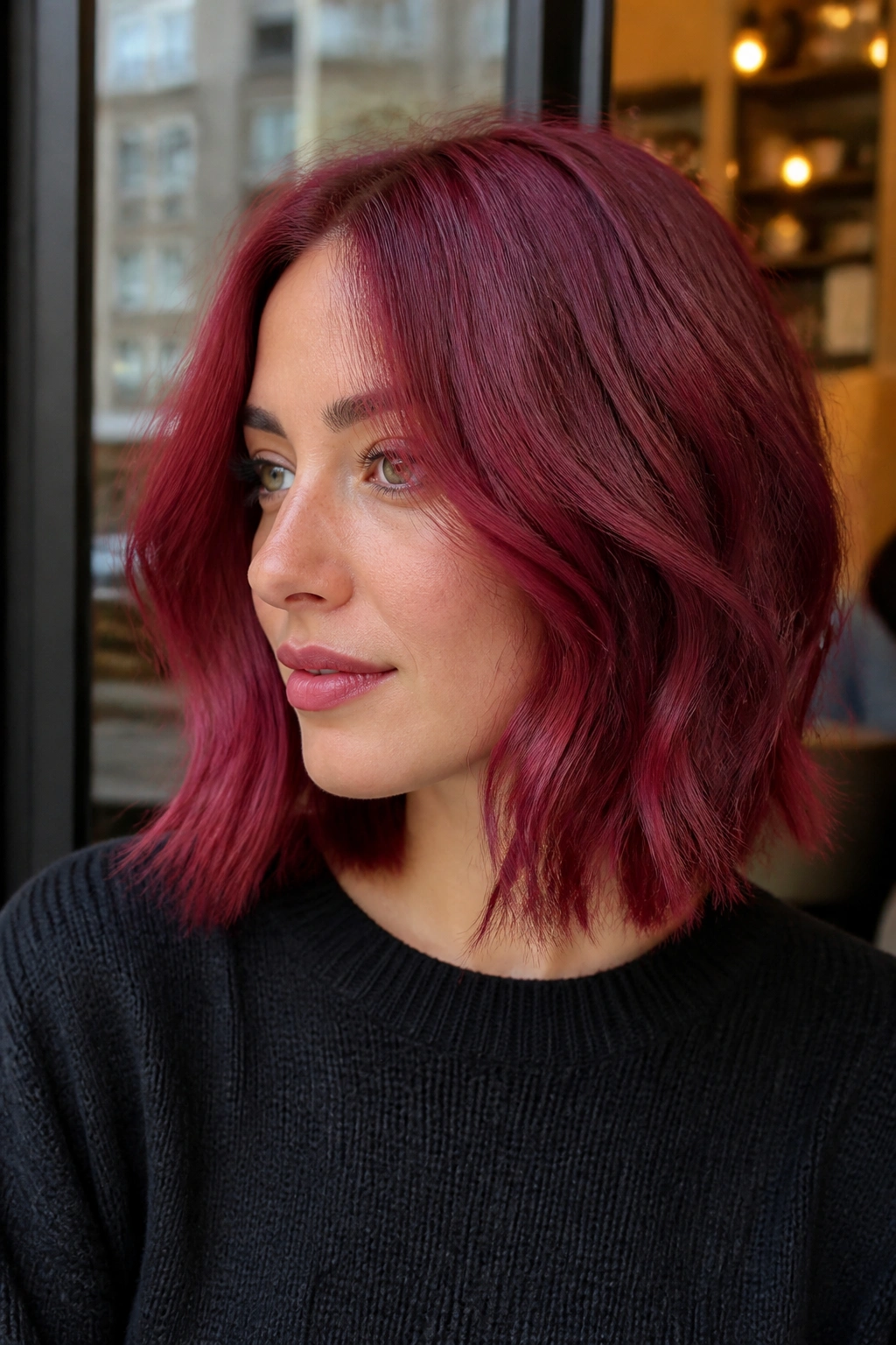 Close-up of a woman with raspberry cherry color on a lob hairstyle