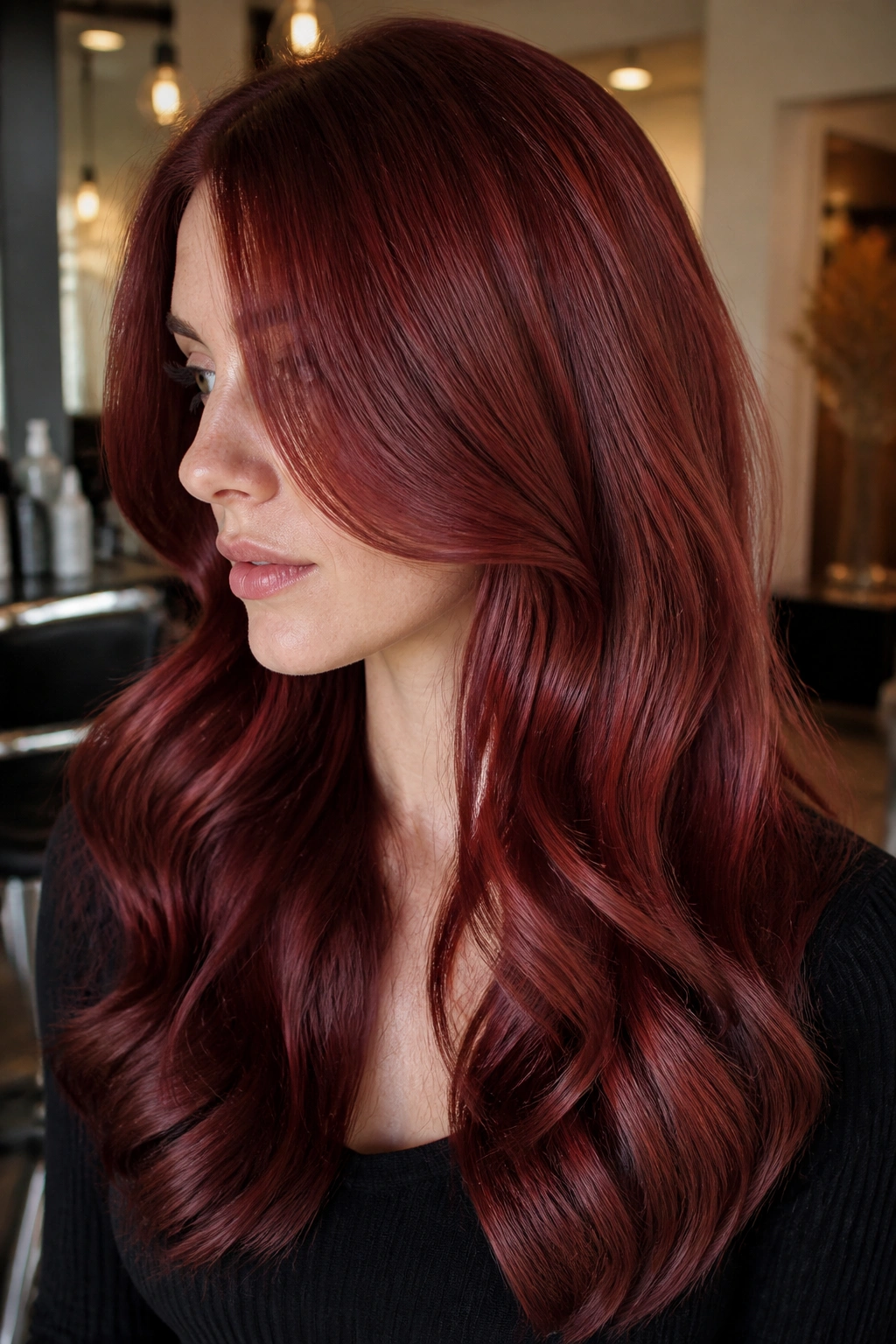 Close-up portrait of raspberry copper hair on a real person