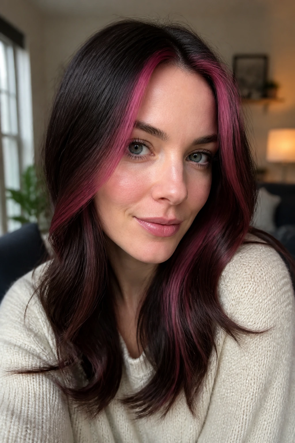 Close-up of a real woman with raspberry face-framing highlights around the part line