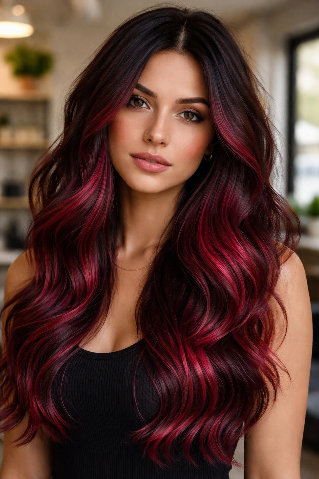 Close-up of a real woman with raspberry melt on dark brown hair, seamless color transition