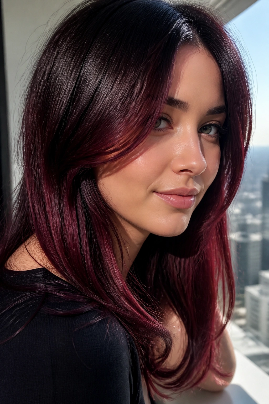Close-up of a real woman with raspberry noir hair featuring a near-black base and raspberry highlights.