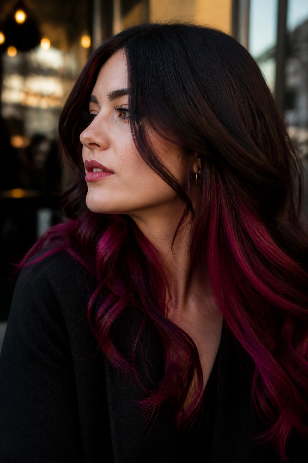 Close-up of a real woman showing raspberry underlights peeking through dark top layer
