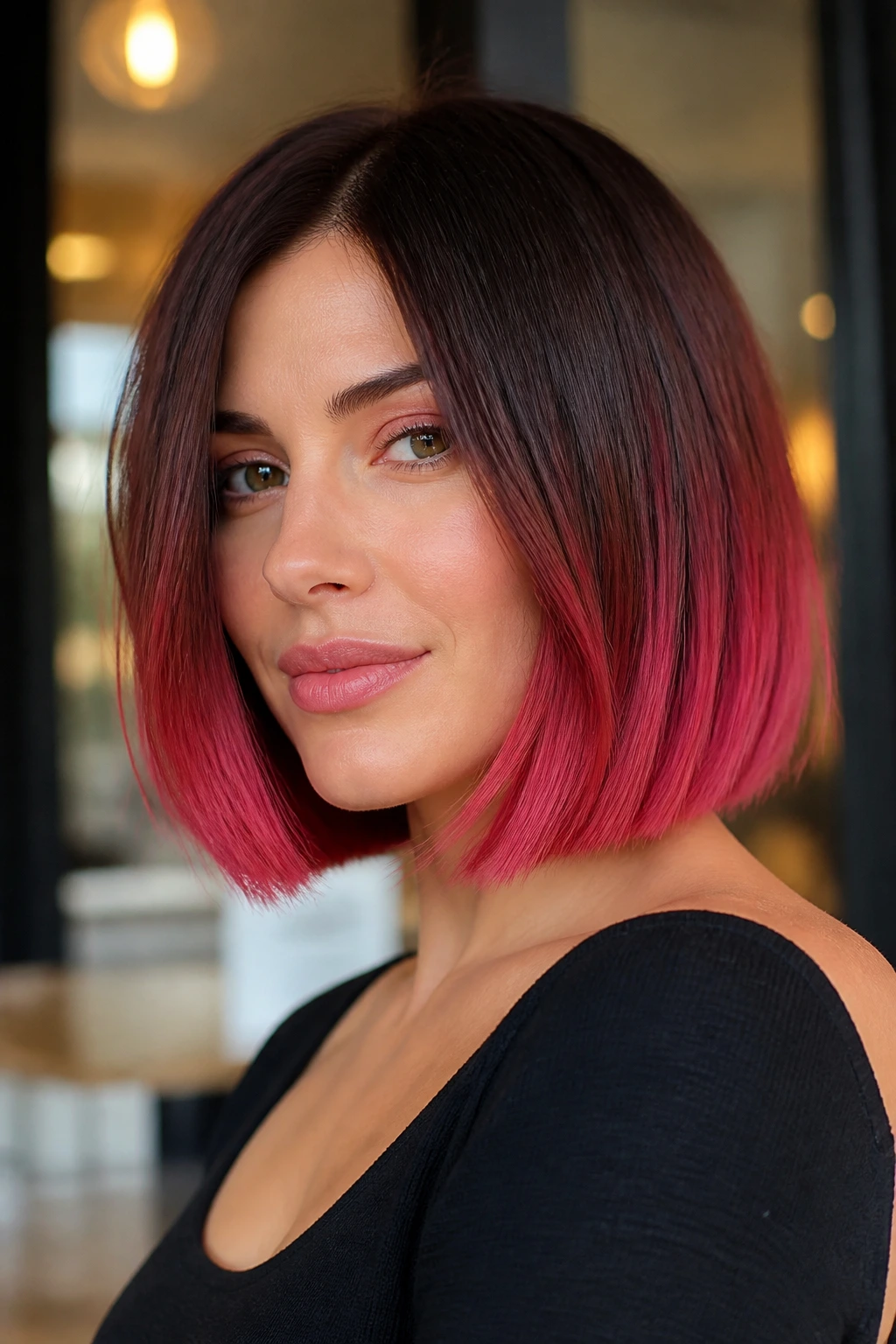 Close-up of a real person with raspberry ombré on a blunt lob.