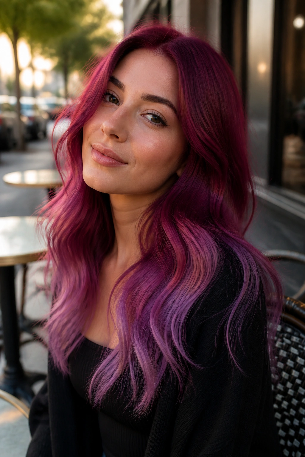 Close-up of a real woman with raspberry ombré gradient in long hair.