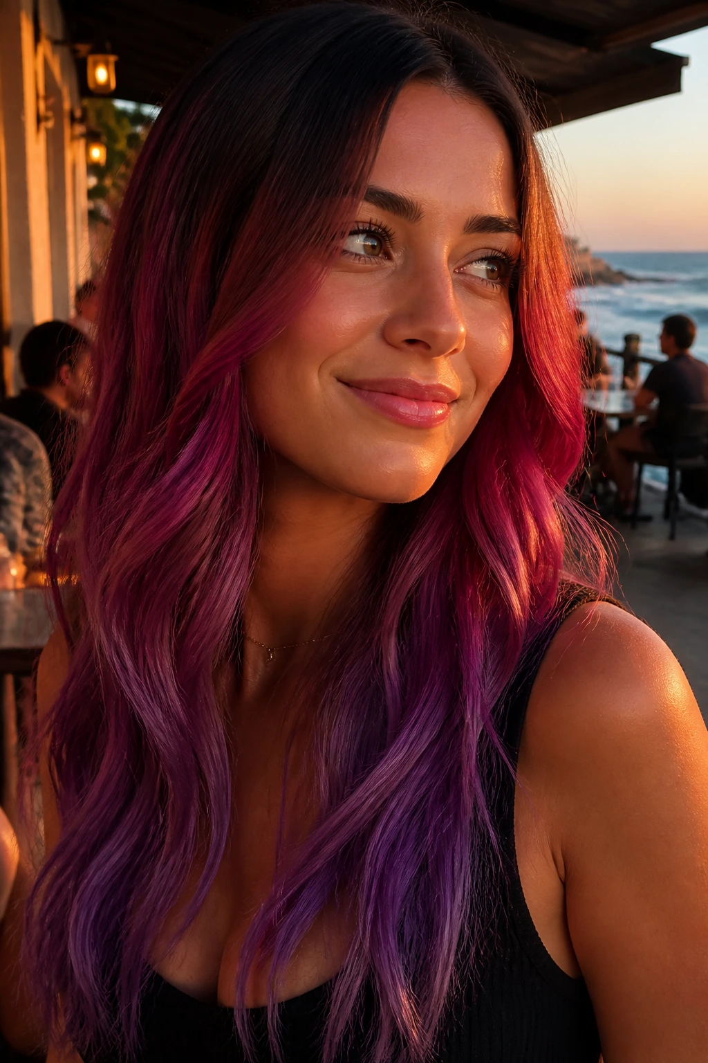Real woman with raspberry orchid ombre hair close-up portrait