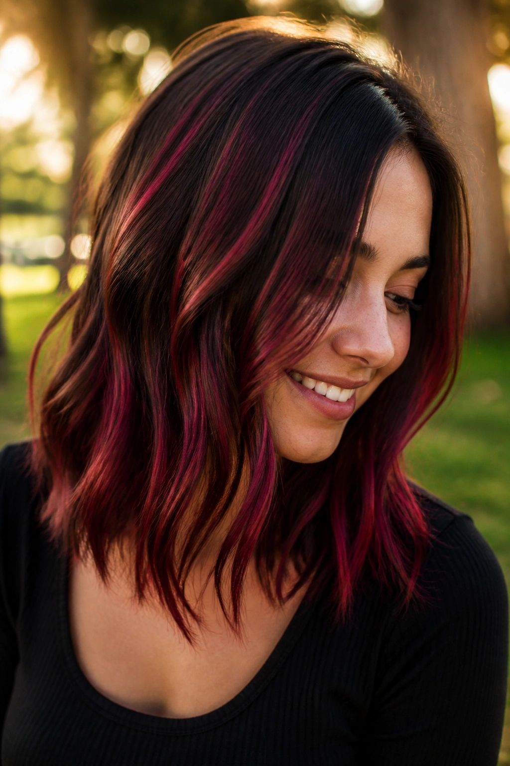 Shoulder-length chocolate brown hair with raspberry ribbons in golden hour light