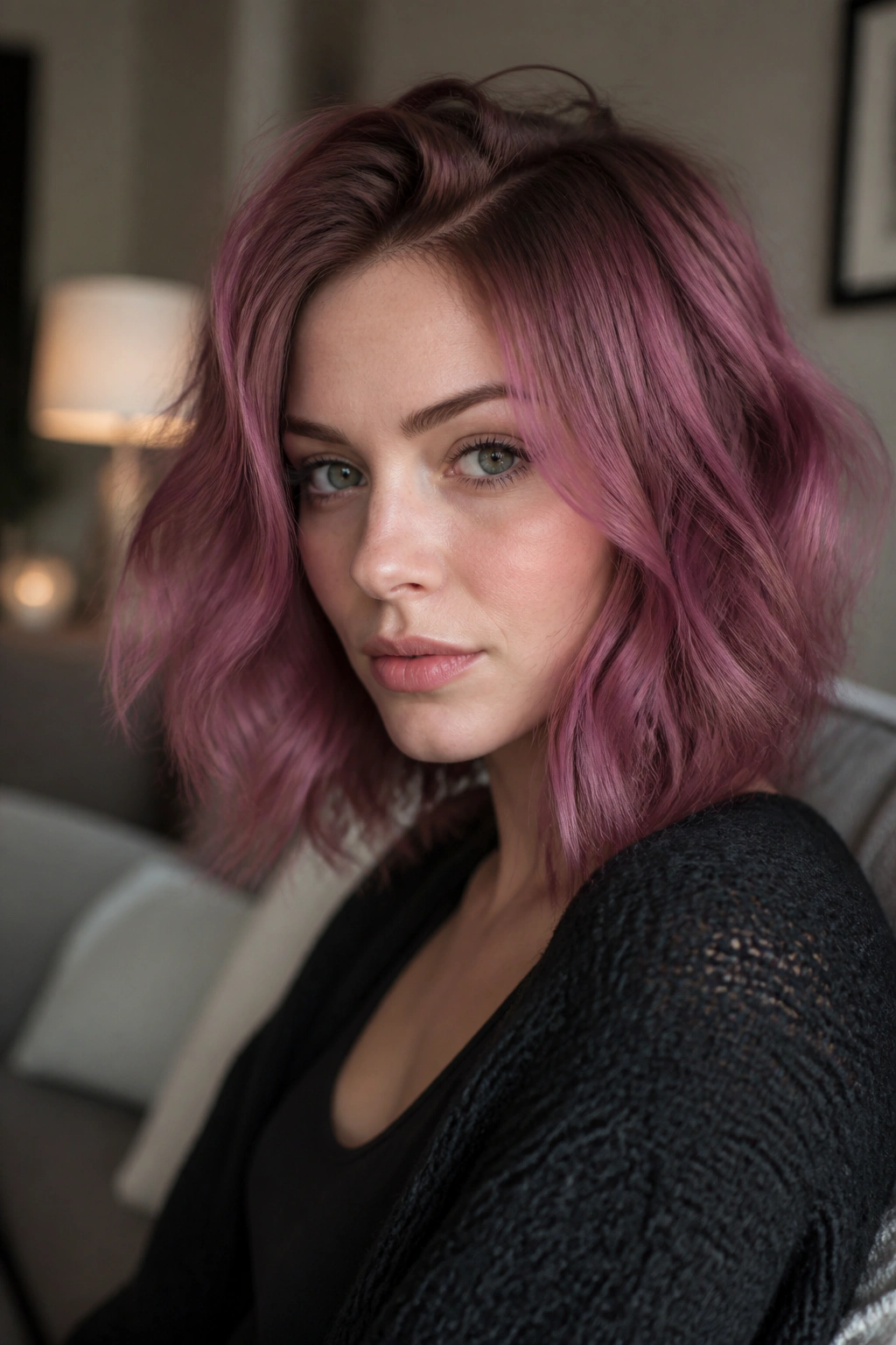 Close-up portrait of a real woman with raspberry smoke hair in moody setting